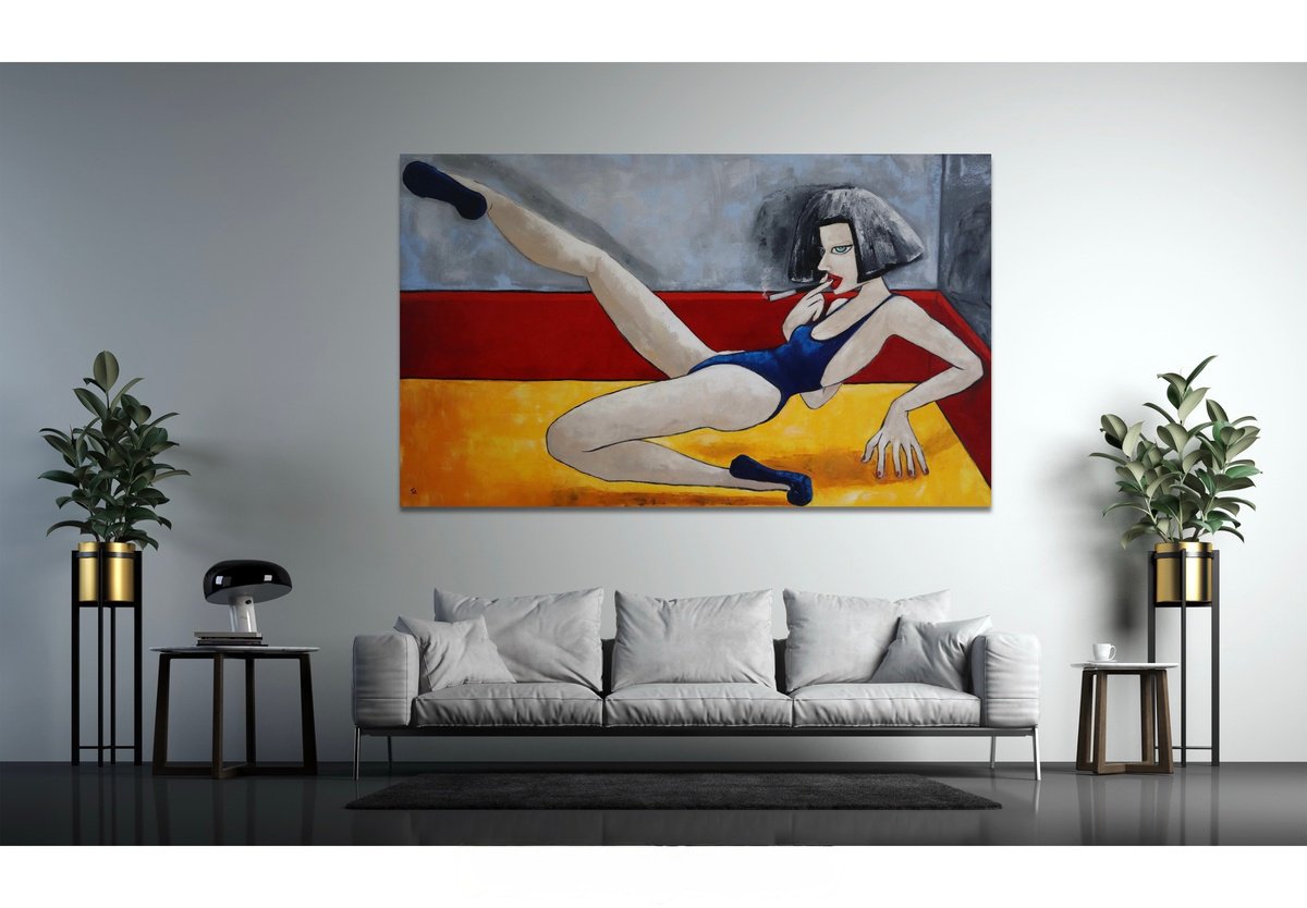 Surrealistic Portrait Oil Painting By Ta Byrne, 59 X 35", Lady In Blue, Original Artwork