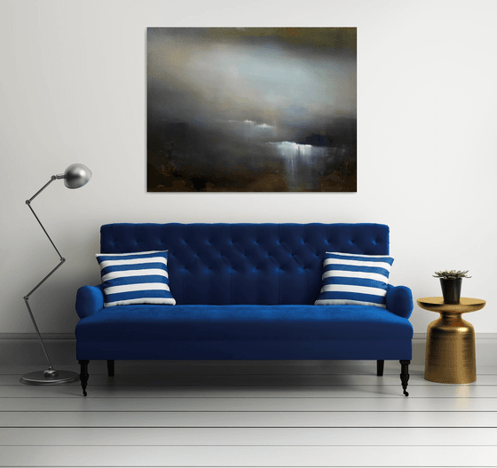 Blue dam 120x90 cm  - gold particles original oil painting landscape gift modern urban art office art decor home decor gift idea