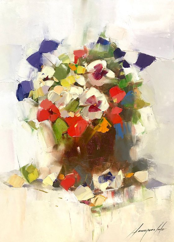 Vase of Pansies, Oil painting by Palette Knife, One of a kind, Handmade artwork