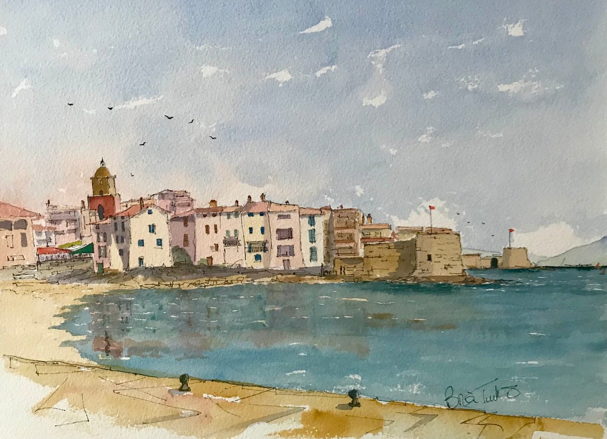 Impressionistic Landscape Watercolour By Brian Tucker, 14 X 10, Port De Peche ,St Tropez, Original Artwork