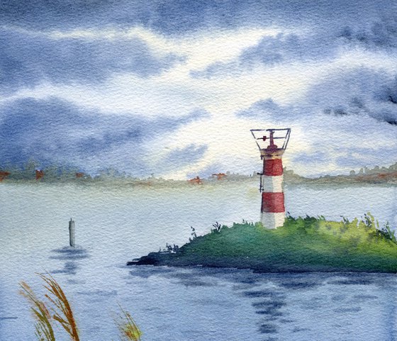 Old lighthouse. A storm is coming. Original artwork.