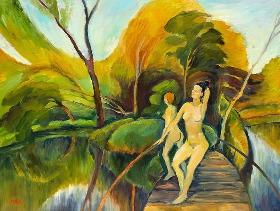 ON THE BRIDGE - woman nude oil painting with two naked girls near the lake bedroom art décor gift idea