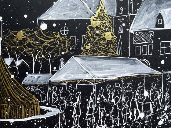 Christmas Market Painting, Bratislava Original Artwork, Snowy Winter Ink Art, Night City Wall Art, Europe Picture
