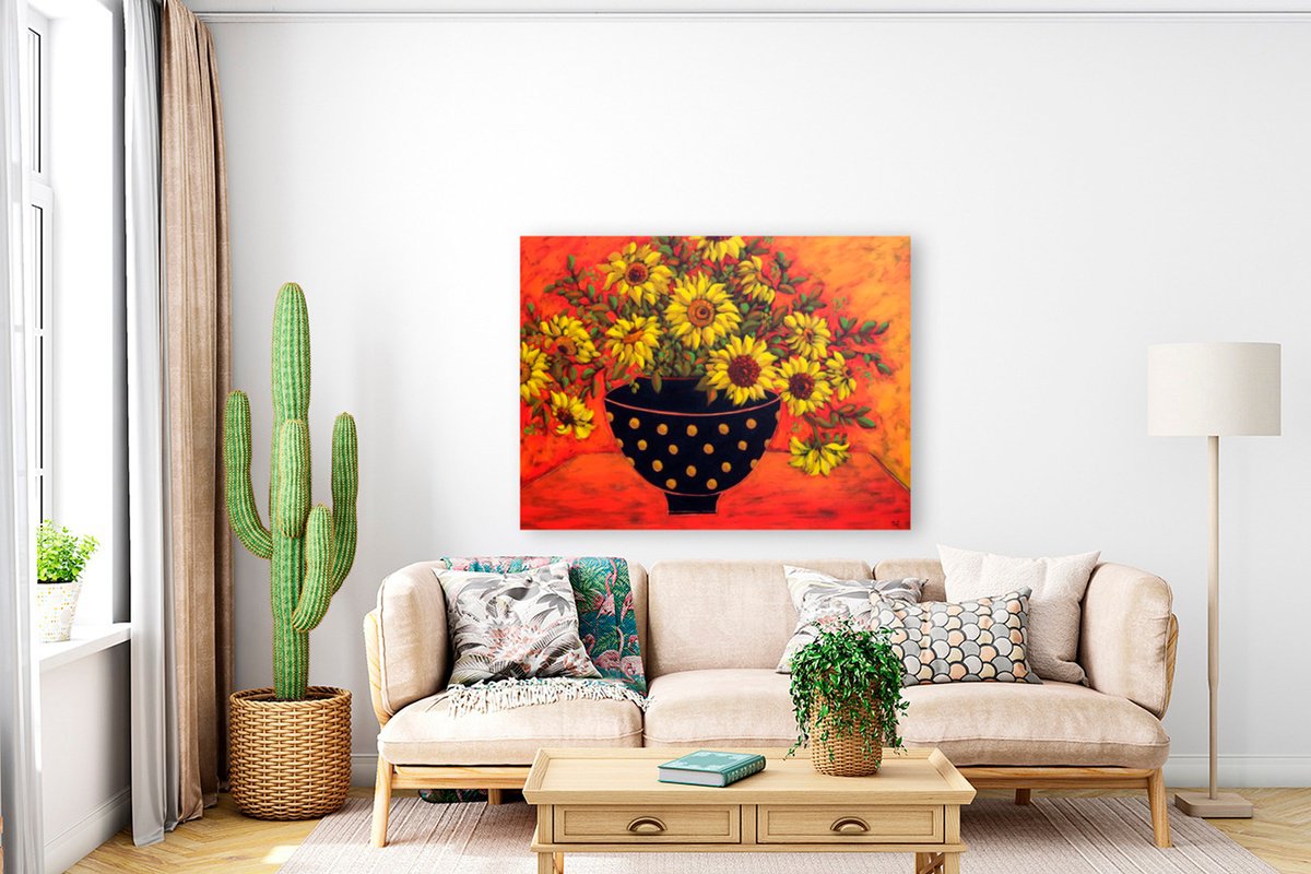Impressionistic Botanical Acrylic Painting By Karen Rieger, 48 X 36", Sunflowers, Original Artwork