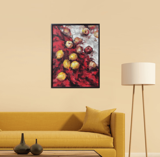 Ripe lemons on red silk.  Still life, gift, original, contemporary.