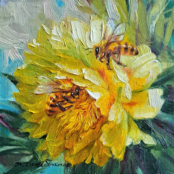 Peony oil painting original canvas art flower yellow, Bee painting small picture frame