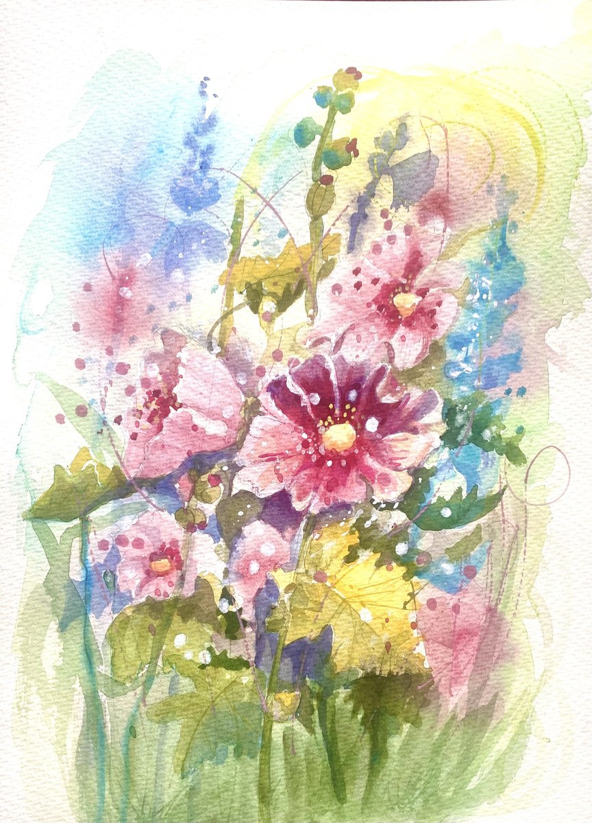 Impressionistic Botanical Painting By Alexandra Krasuska, 12 X 16, Mallows (Malva), Original Artwork