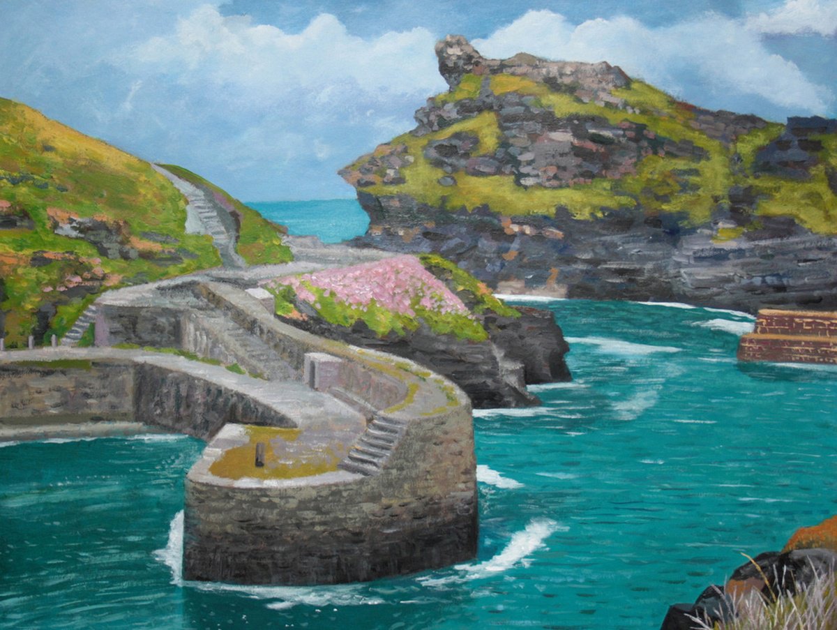 Landscape Acrylic Painting By Tim Treagust, 20 X 16", Boscastle Harbour, Original Artwork