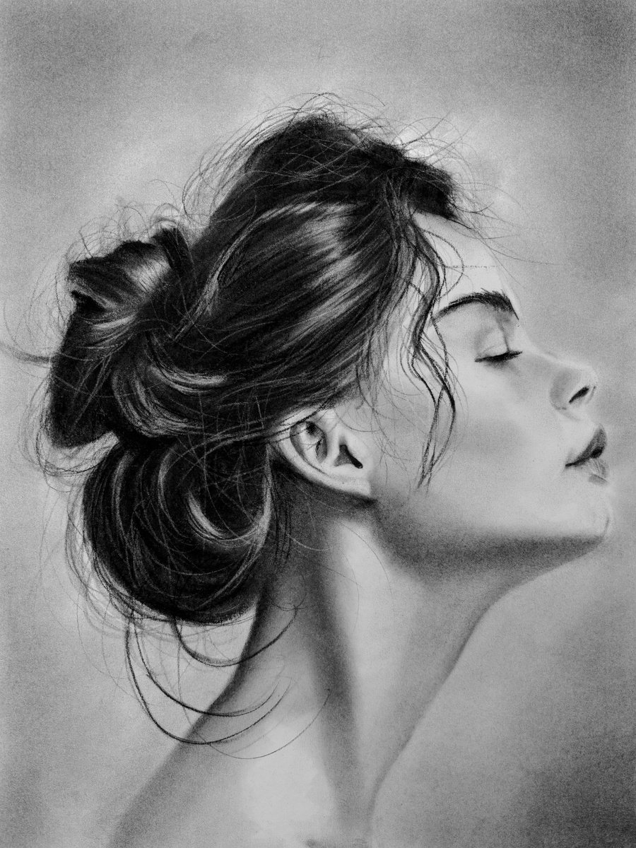 Photorealistic Portrait Charcoal Drawing By Denny Stoekenbroek, 12 X 17, Serene Elevation, Original Artwork