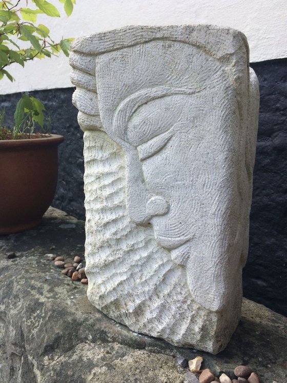 Morning and Evening; double-sided stone carving 29cm high