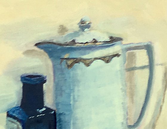 Still life oil painting of a White jug, an antique silver pot and a medicine bottle!