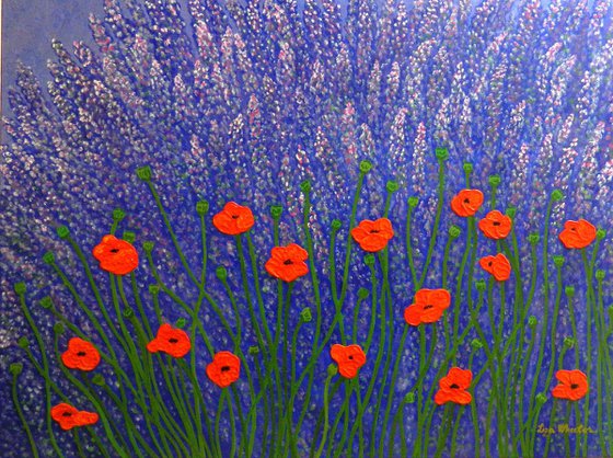 Spring Treasures - wild flower field, lavender and  poppies painting; home, office decor; gift idea