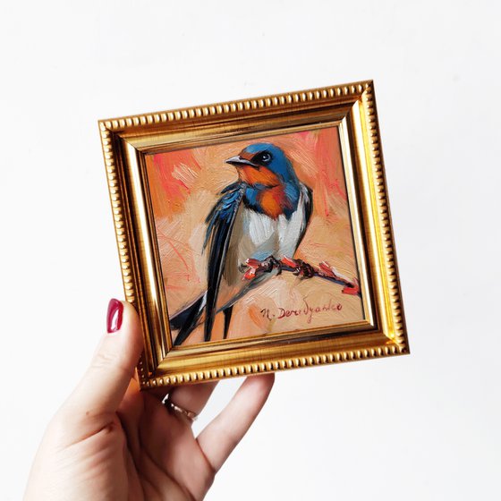 Swallow painting oil in blue frame, Bird on branch portrait, Oil Painting original 4x4, Framed picture shelf decor, Mothers day gift