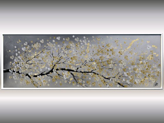 Golden Day -  acrylic abstract painting cherry blossoms nature painting framed canvas wall art