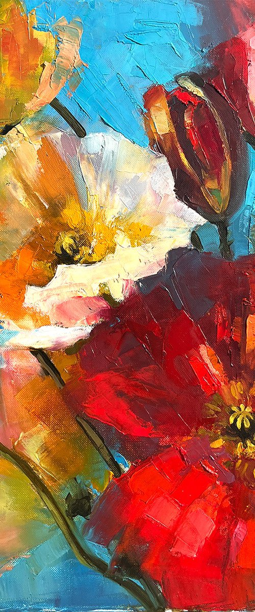 Colourful Poppies on Blue – Oil Painting by Elena Recondo