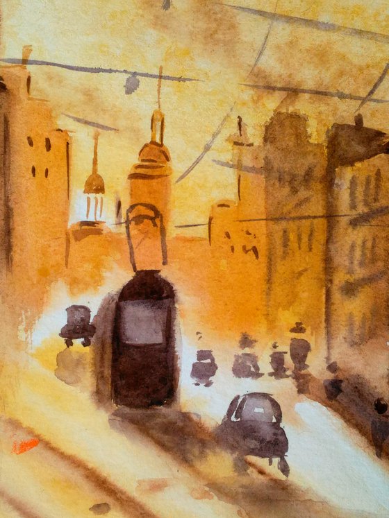 Lviv Painting Cityscape Original Art Ukraine Small Watercolor Artwork Home Wall Art 8 by 12" by Halyna Kirichenko