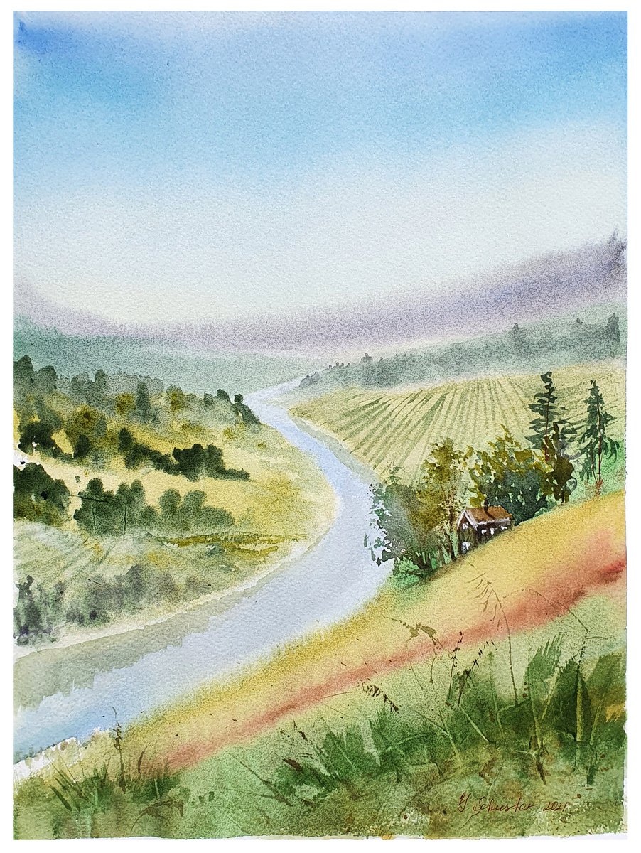 Impressionistic Landscape Watercolour By Yulia Schuster, 11 X 15", Dream Of Autumn, Original Artwork