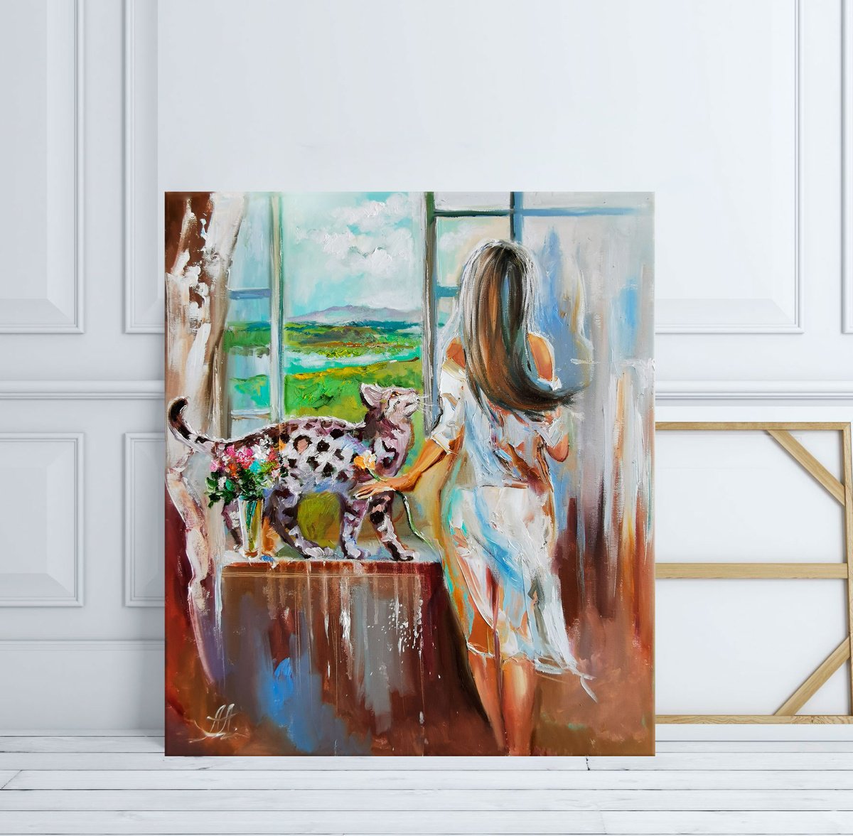 Impressionistic Portrait Oil Painting By Annet Loginova, 24 X 28, Girl With A Big Cat Painting In Boho Style, Original Artwork