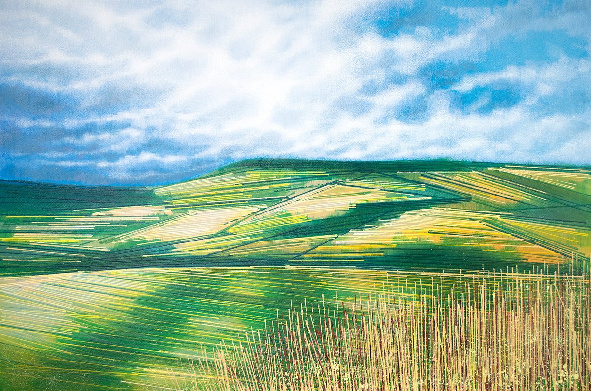 Impressionistic Landscape Acrylic Painting By Marc Todd, 30 X 20", Devon Hills In Summer, Original Artwork
