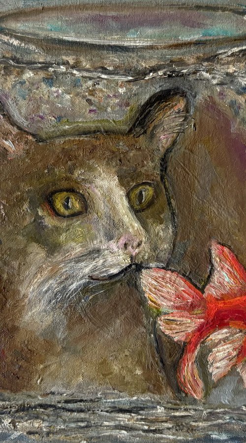 Cat and Golden Fish by Katia Ricci