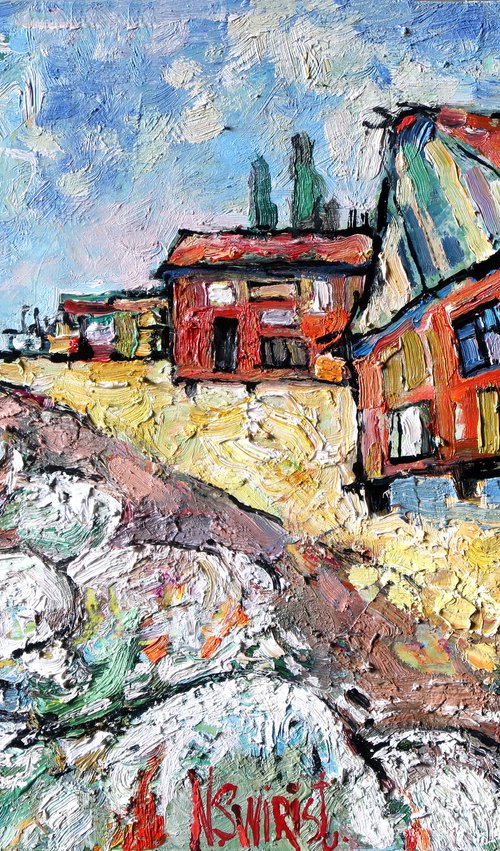 Fisherman's house and the sea. by Nikifor Swiristuhin