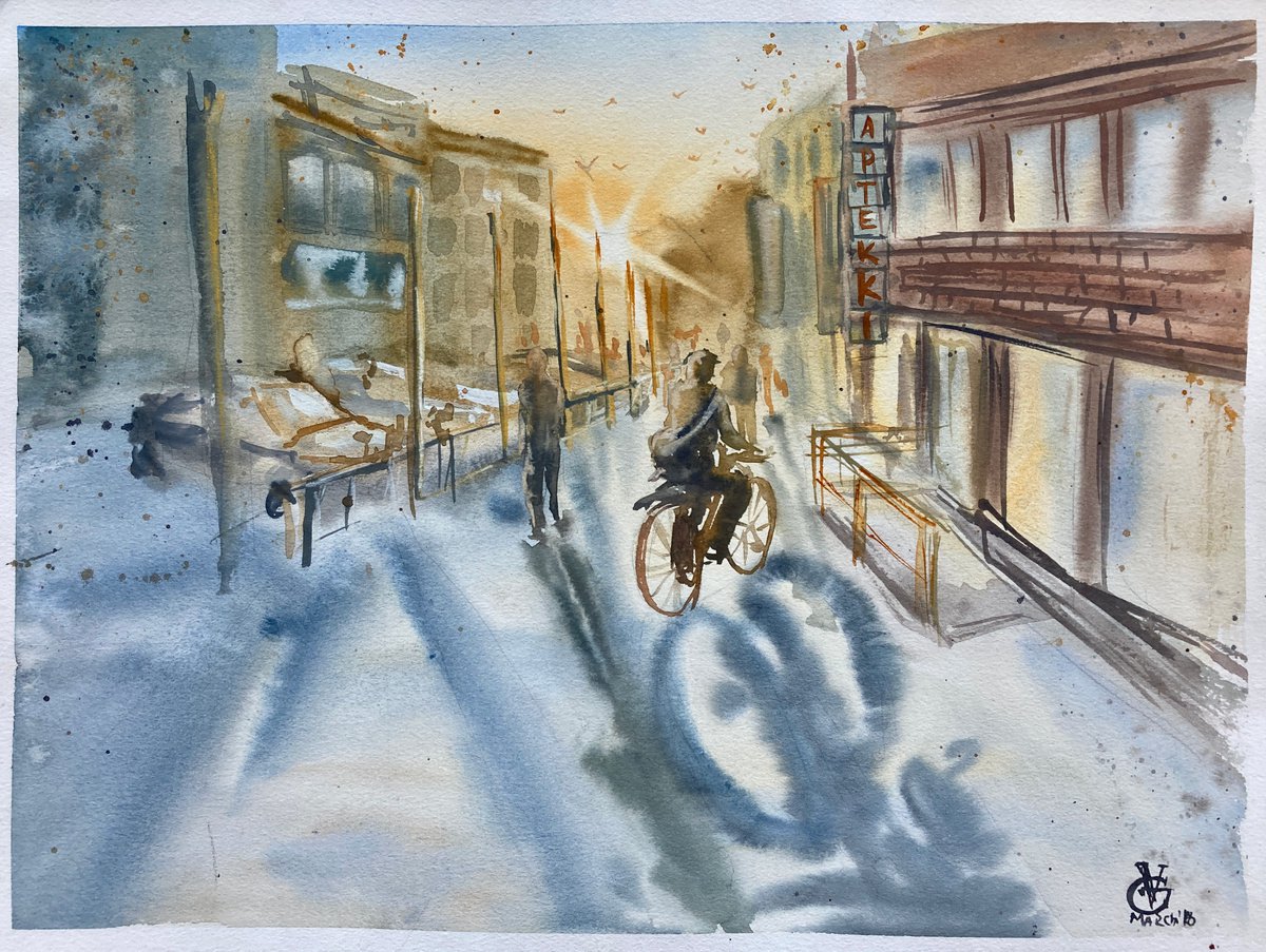 Impressionistic Cityscapes Watercolour By Valeria Golovenkina, 16 X 12", Border Of The Arctic Circle, Original Artwork