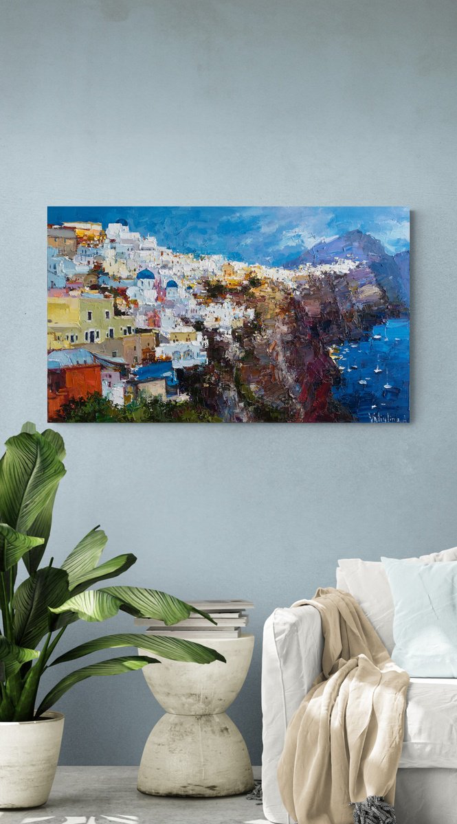 Impressionistic Landscape Oil Painting By Anastasiia Valiulina, 39 X 24, Santorini, Greece, Original Artwork