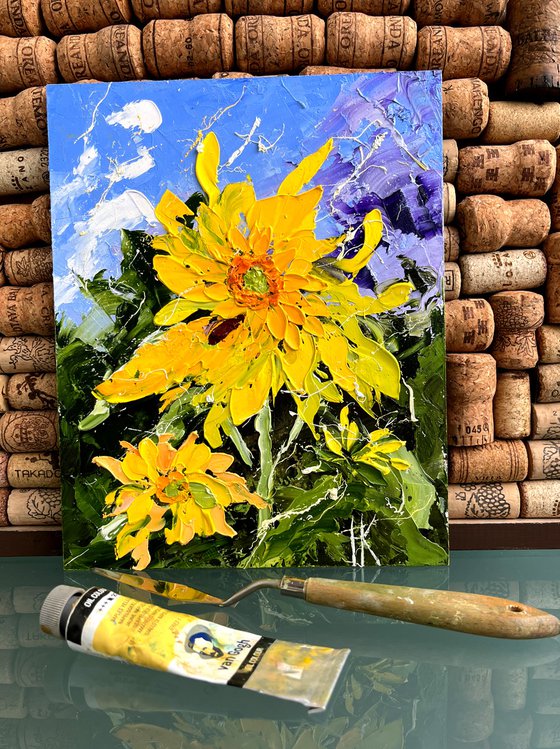 Sunflower Painting Floral Original Art Flower Small Oil Impasto Palette Knife Artwork 8 by 10 inches