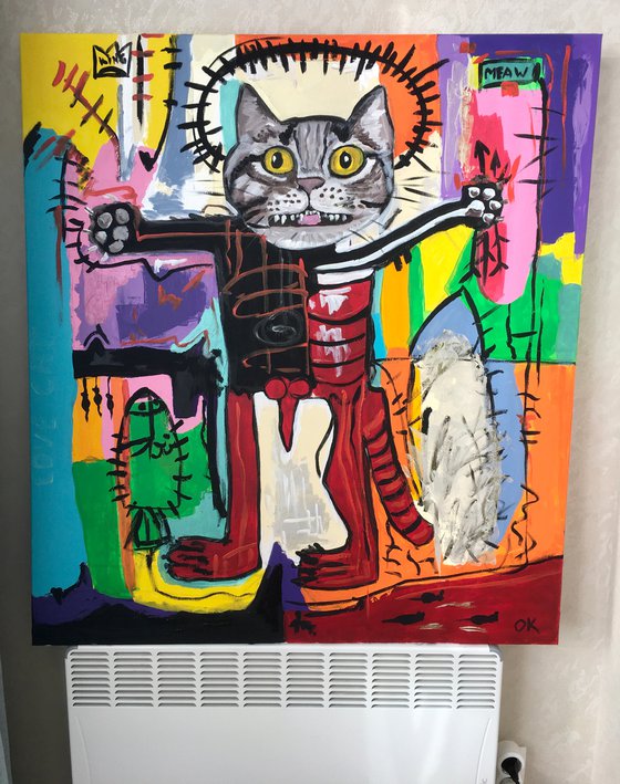 Red Cat Troy King, (102 x 91cm, 40 x 36 inches ) version of painting by Jean-Michel Basquiat  Untitled GLOW IN THE  DARK