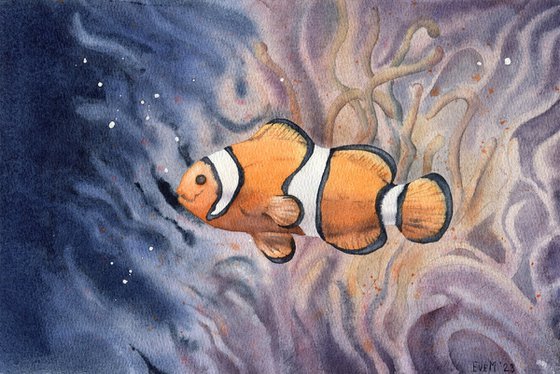 Set of two watercolor artworks. Underwater life of the coral reef. Fish Nemo and moray eels undersea.
