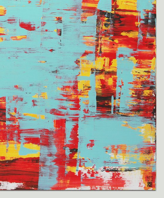 XL Abstract Painting - Static in Red & Turquoise - 120x120 cm - Ronald Hunter - 13J