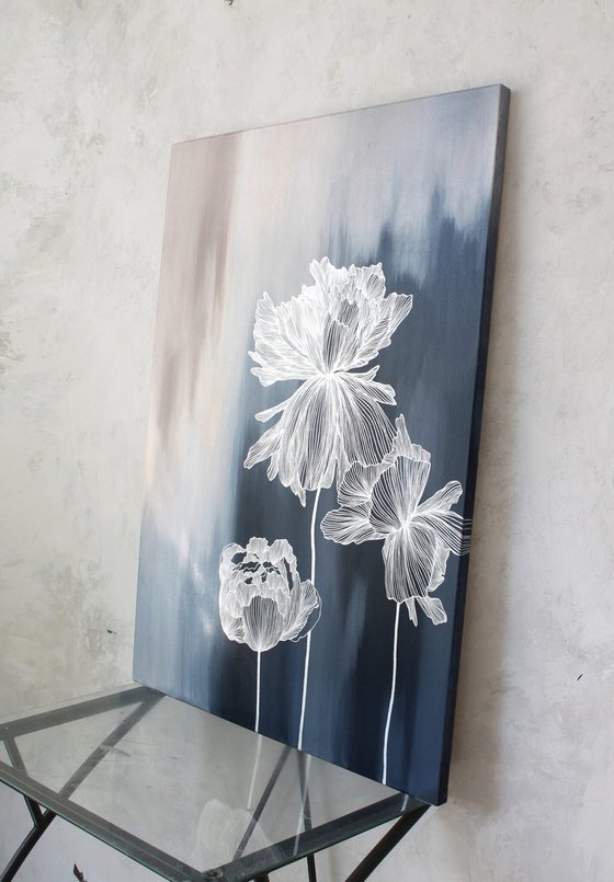 "Thinness 4" Abstract navy silver flowers art