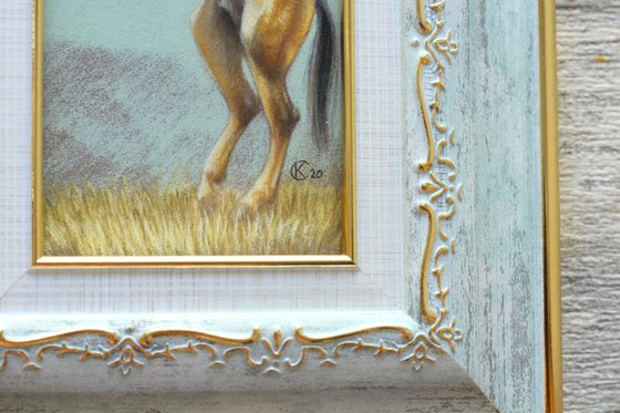 Small horse art in light teal blue frame Original pastel drawing