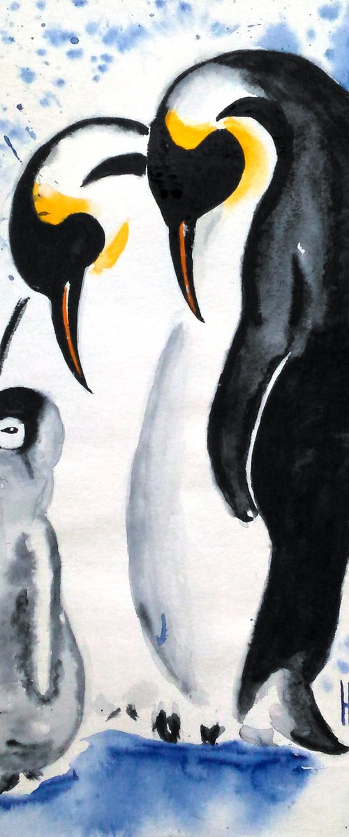 Penguin Painting Animal Original Art Wildlife Watercolor Artwork Baby Penguin Family Home Wall Art 8 by 12" by Halyna Kirichenko by Halyna Kirichenko
