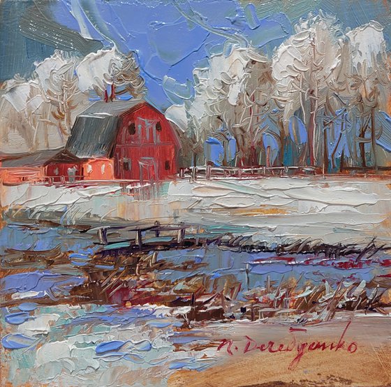 Snow barn oil painting original, Winter landscape painting small art framed, Miniature painting guest gift