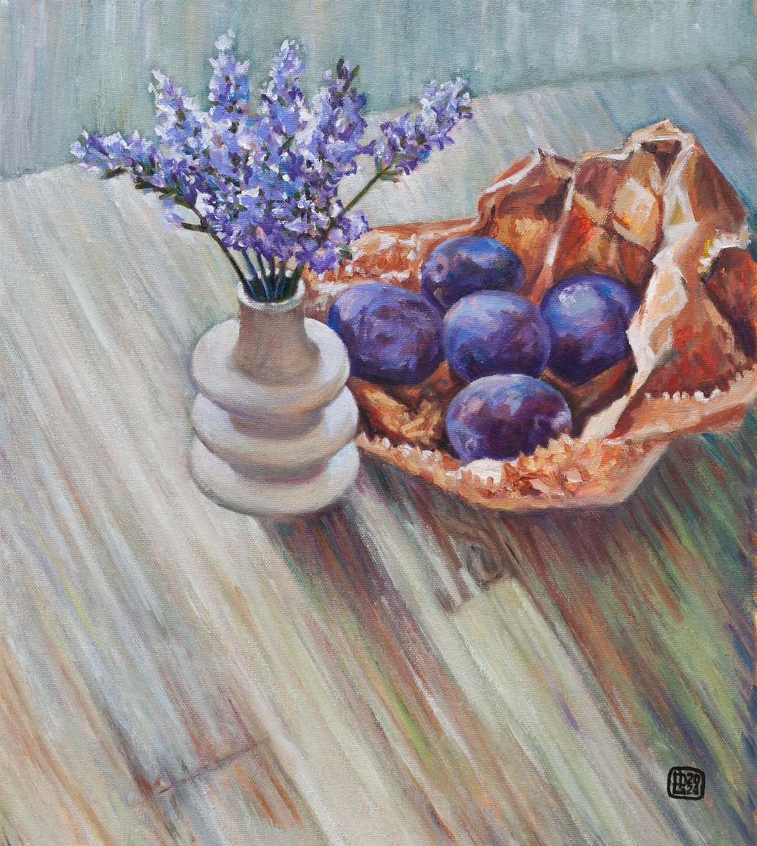Impressionistic Still Life Oil Painting By Liudmila Pisliakova, 16 X 18", Lavender And Plums, Original Artwork