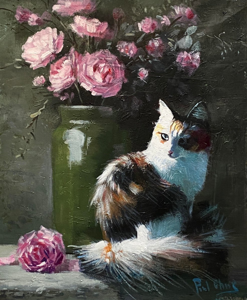  Cat With Roses By Paul Cheng, 20 X 24, Artwork For Sale On Artfinder