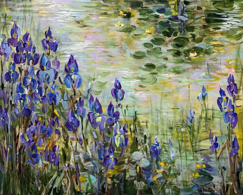 Blue irises at the pond III by Irina Laube