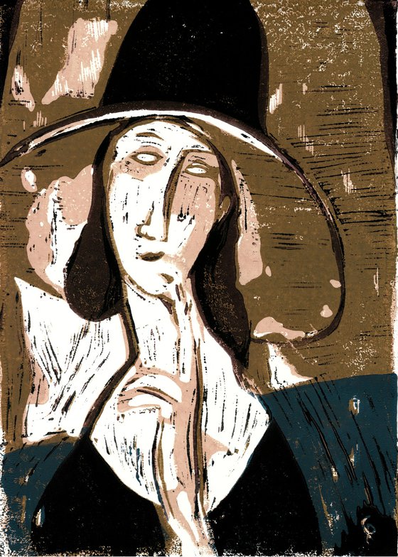 Woman with hat - Linoprint inspired by Amedeo Modigliani