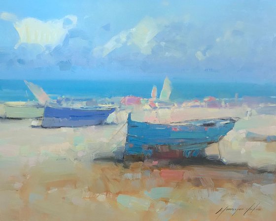 Boats on the Shore, Original oil painting, Handmade artwork