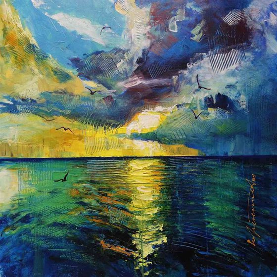 Semi Abstract Seascape with Sunset and Seagulls, Original Acrylic Painting on Canvas, Sunset Impressionist Painting, Expressive Brush Strokes, Textured Painting, Gestural Style