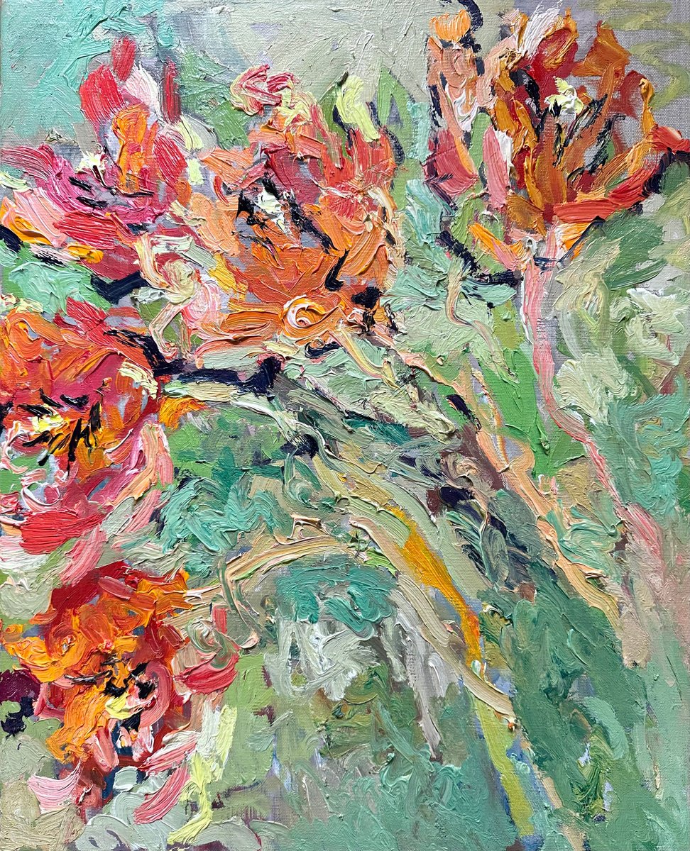 Impressionistic Botanical Oil Painting By Lilia Orlova-Holmes, 16 X 20", Tulips, Original Artwork