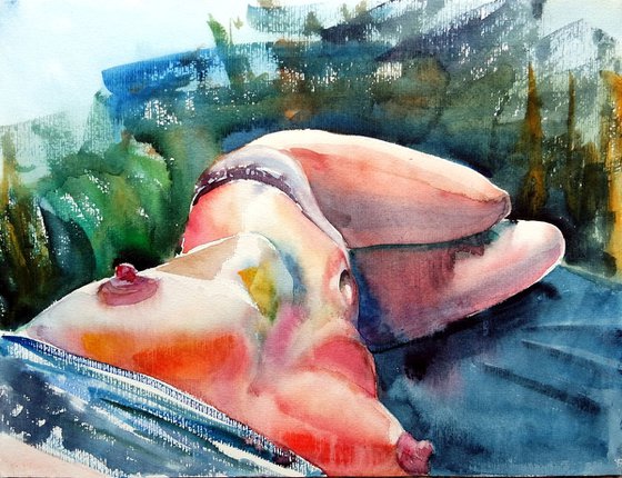 Nude in Watercolor Original Painting, Nude Female Painting, Erotic Art, Nudity Art Wall, Woman Nude Figurative Artwork, Dormitory Wall Art