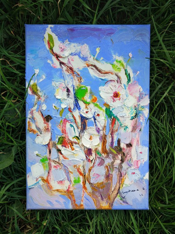 Sunny mood . Flowering branch .  Original oil painting