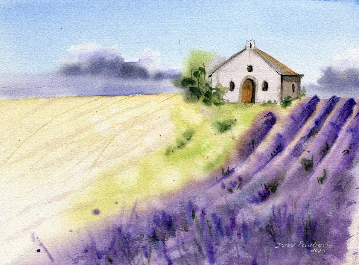 Lavender field original watercolor painting with Provance landscape, lavender flowers art by Irina Povaliaeva