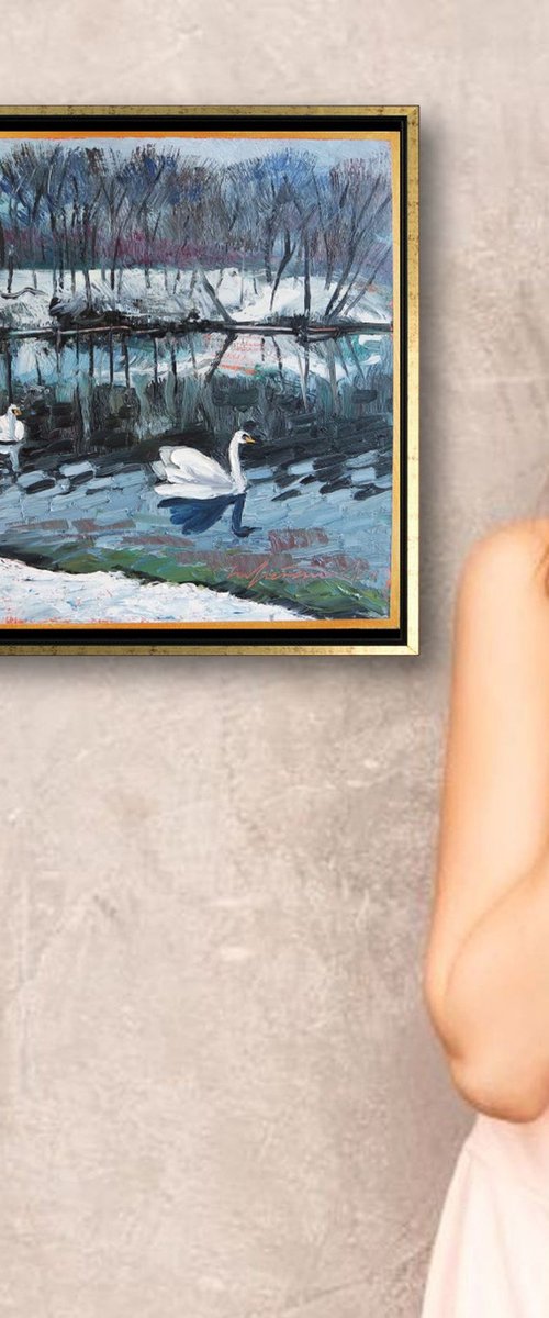 ‘WINTER SWAN LAKE’ - Small Oil Painting on Panel by Ion Sheremet