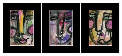 Funky Face Collection 10 - 3 Mixed Media Collage Paintings by Kathy Morton Stanion by Kathy Morton Stanion