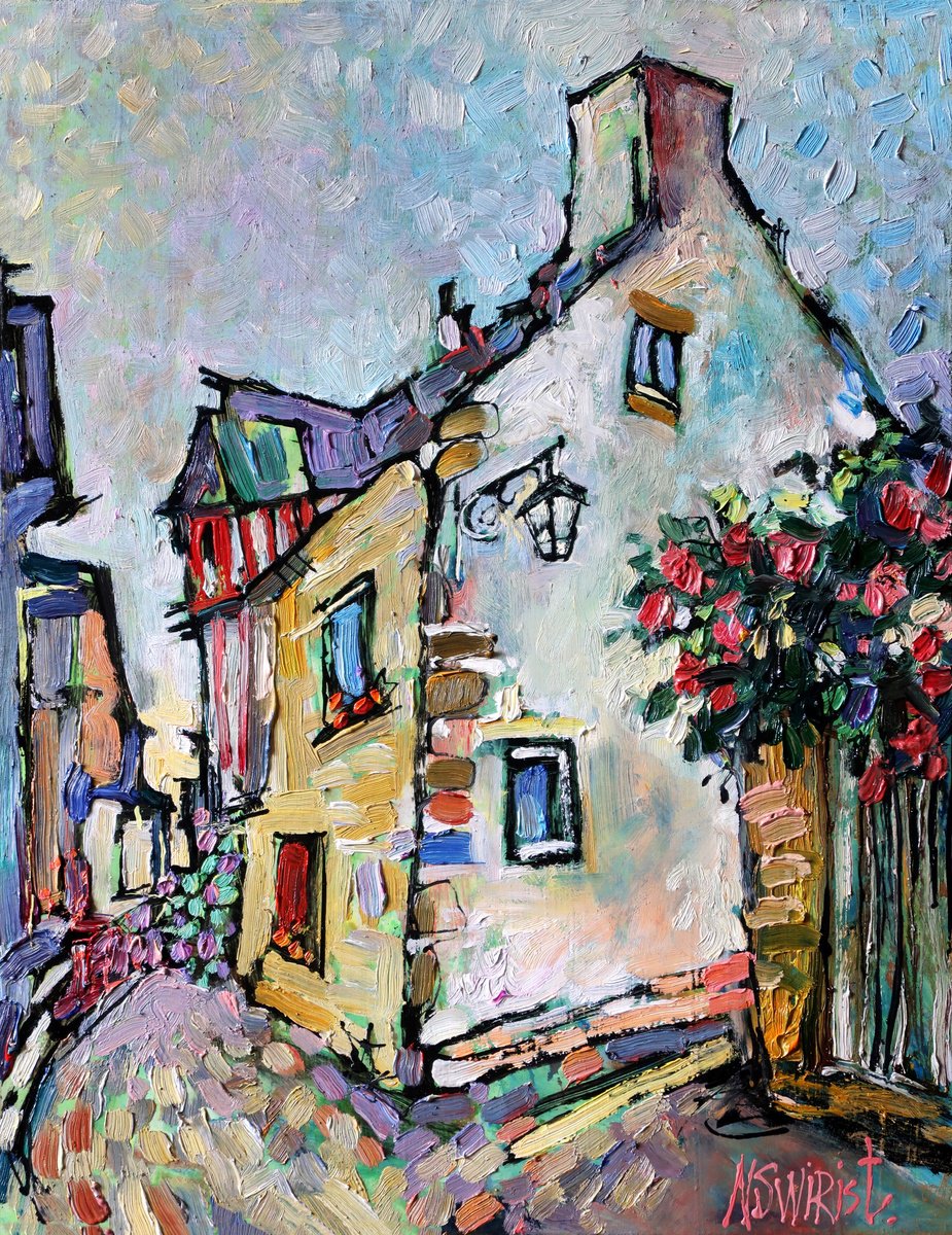 Impressionistic Cityscapes Oil Painting By Nikifor Swiristuhin, 11 X 14", House And Roses., Original Artwork