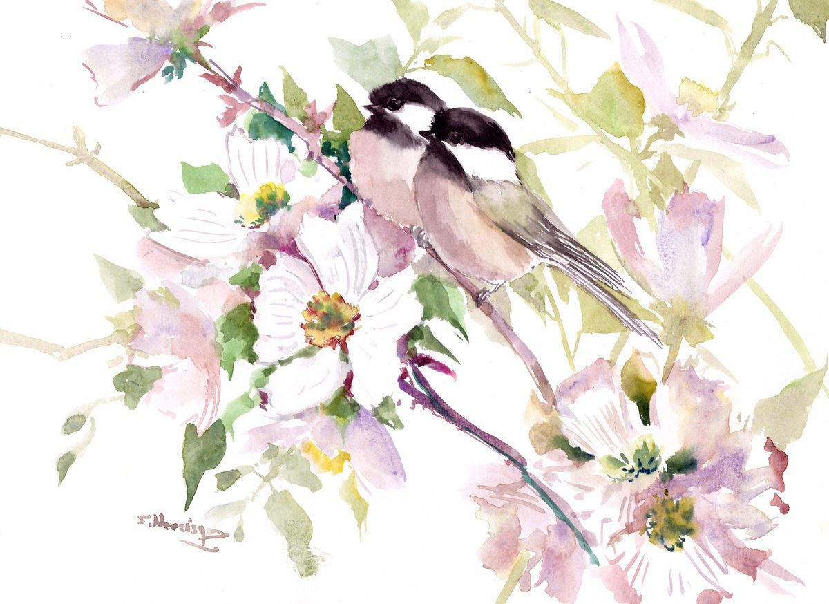 Chickadee Birds and Dogwood Flowers by Suren Nersisyan