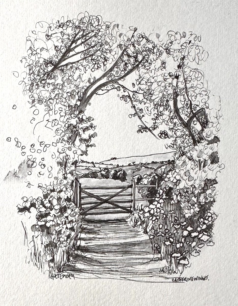 Landscape Ink Drawing By Catherine Winget, 8 X 9, Gateway In Spring. English Countryside Pen & Ink, Original Artwork